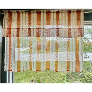 Vintage 70s curtain, pumpkin orange & white stripes, ruffled top, mesh net panel